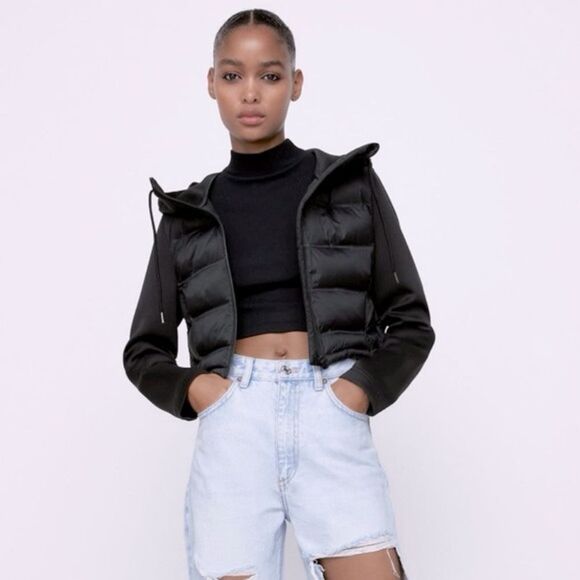 Zara Combination Cropped Hooded Puffer Jacket in Black size XL - Picture 1 of 14